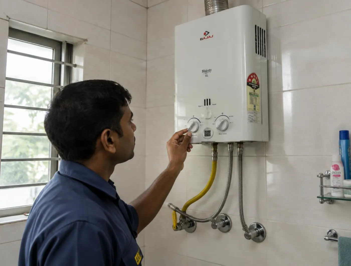 Gas geyser being checked by a technician